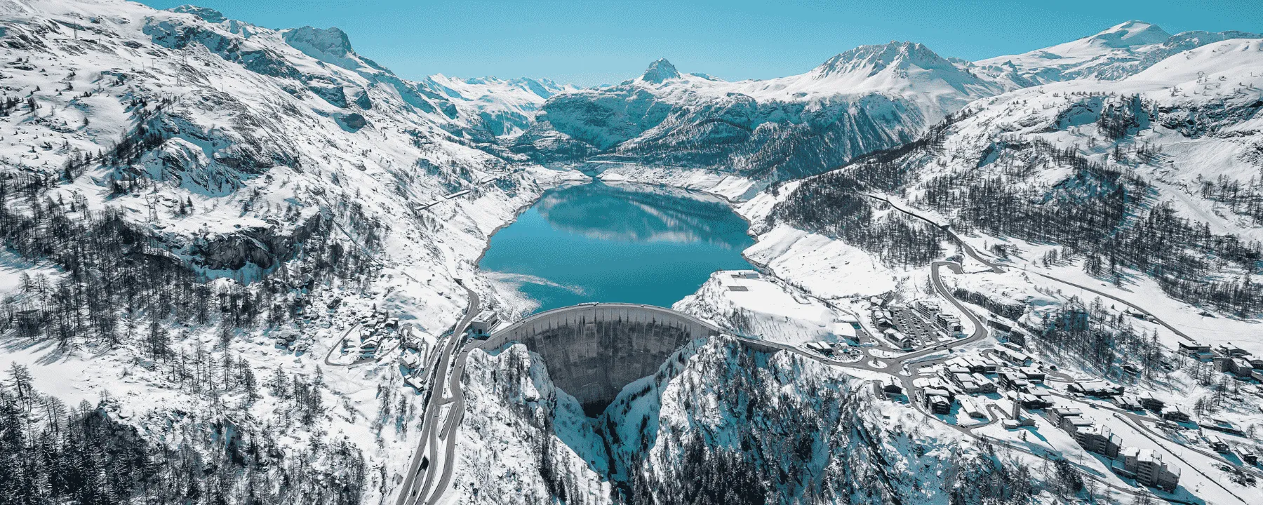 View of Les Boisses (Tignes 1800) and Chevril Dam