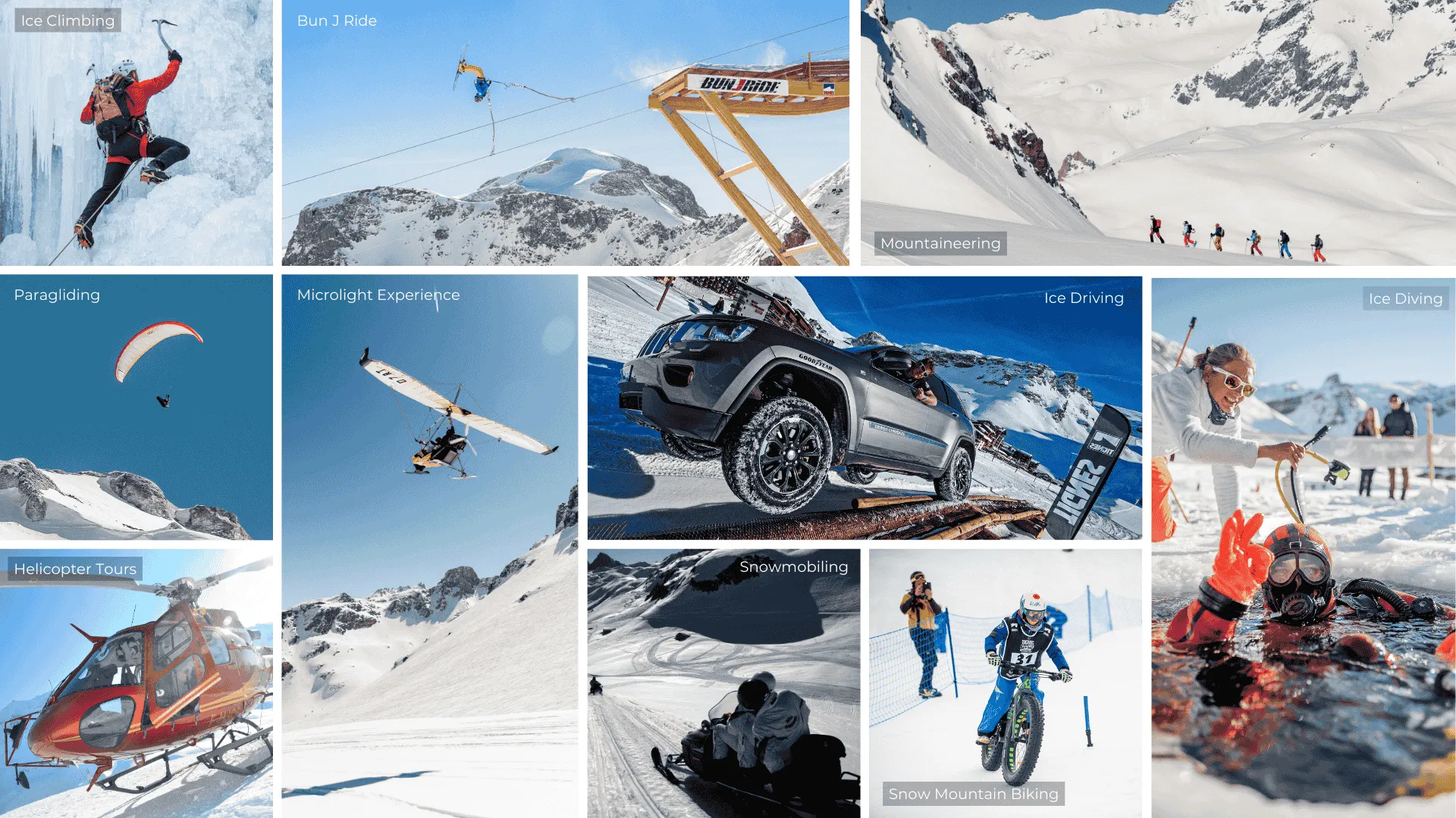 Adventurous Winter Activities in Tignes. Order from left to right: Ice Climbing, Bun J Ride, Mountaineering, Paragliding, Microlight Experience, Ice Driving, Ice Diving, Helicopter Tours, Snowmobiling, Snow Mountain Biking