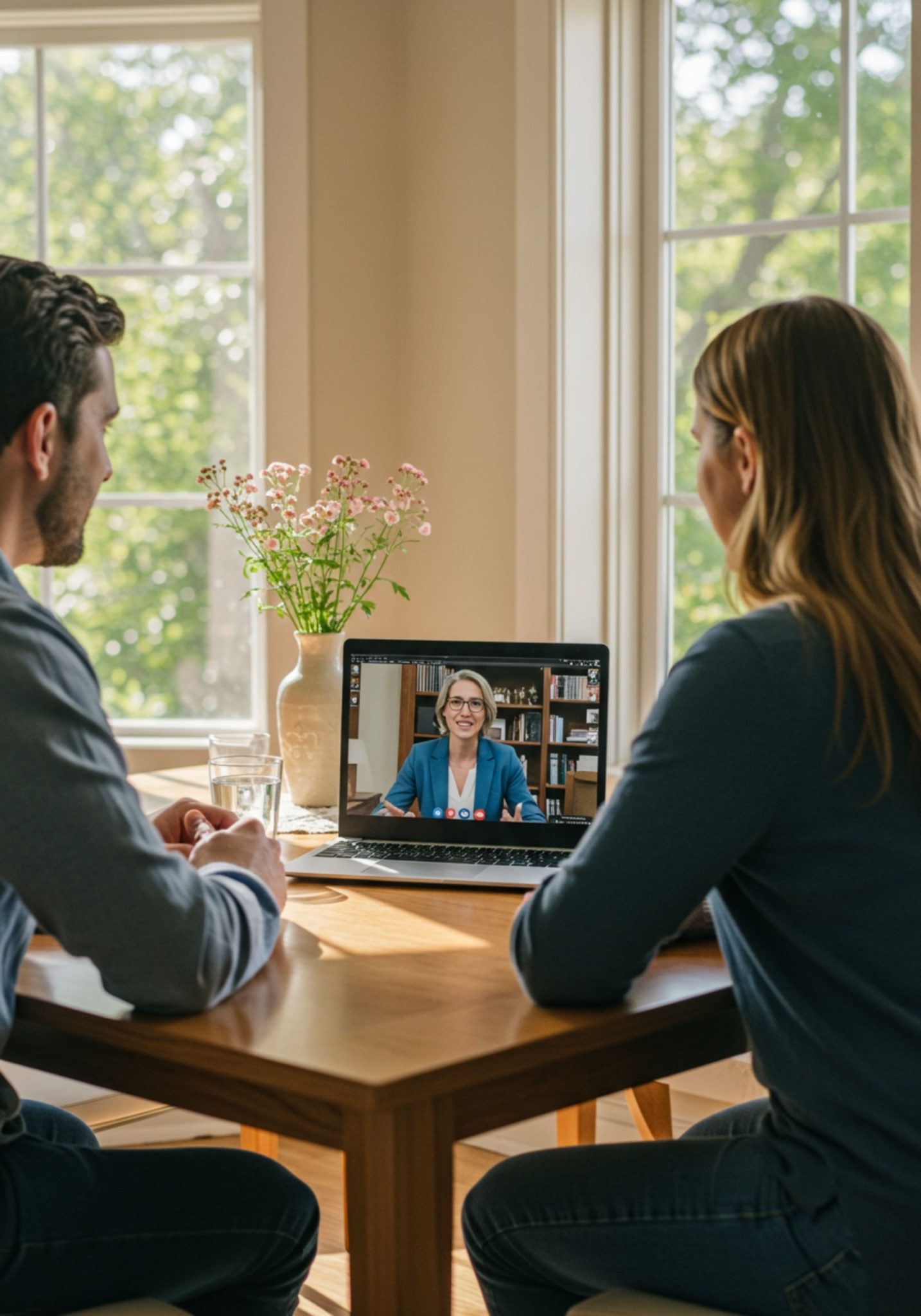 Male and female couple sat at a table talking to an english speaking professional over a video call on their laptop. The professional is helping them with their property buying process overseas.