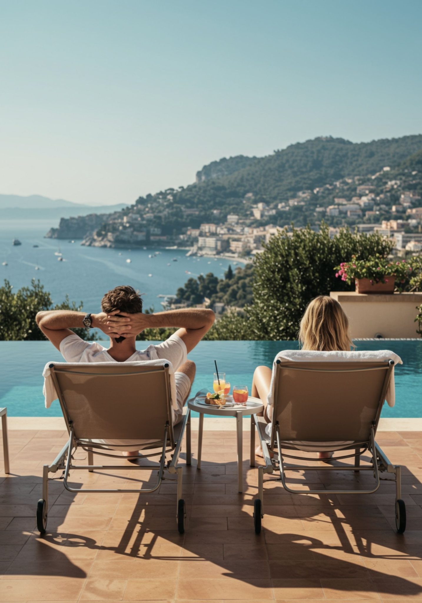 Male and female couple, relaxed, laying back side by side on sun loungers in front of infinity pool of their new property abroad with a view of the French Riviera coastline.