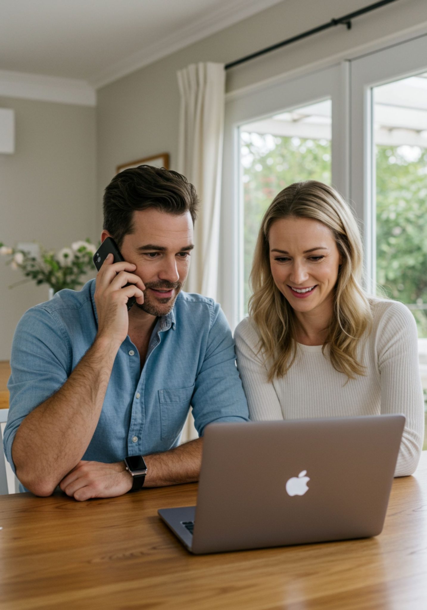 Male and female couple sat at a desk looking at a laptop browsing properties overseas, whilst the man is on the phone to an international real estate advisor.
