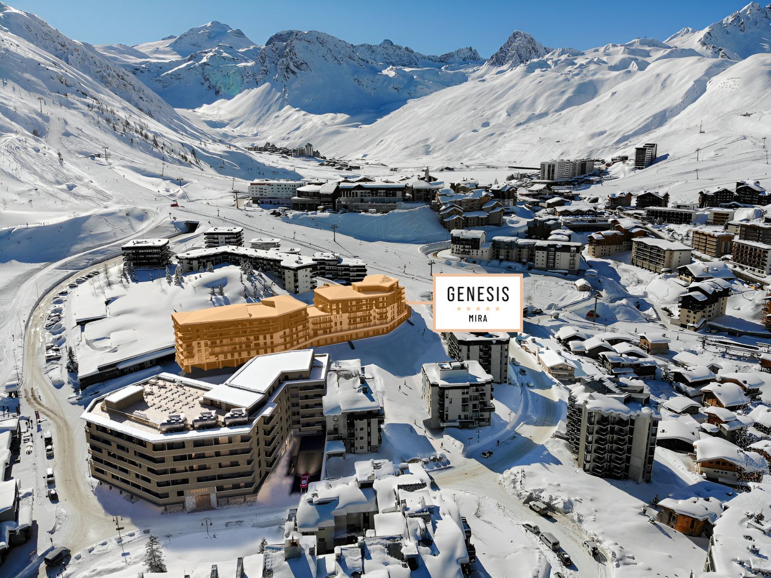 Image of Tignes with Genesis Mira development highlighted to show where it is.