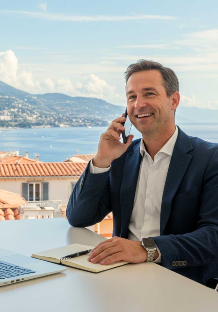 Happy mortgage advisor sat at his desk with laptop and notebook in front of him on the phone to one of his clients who he's helping buy a property overseas. Behind him is a backdrop of the French Riviera coastline.