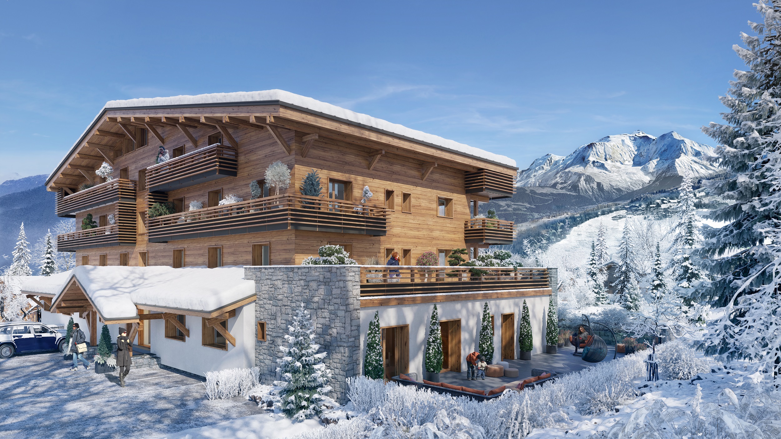 Au Cœur des Prés, New Apartments For Sale in Combloux: photo of building exterior in snow