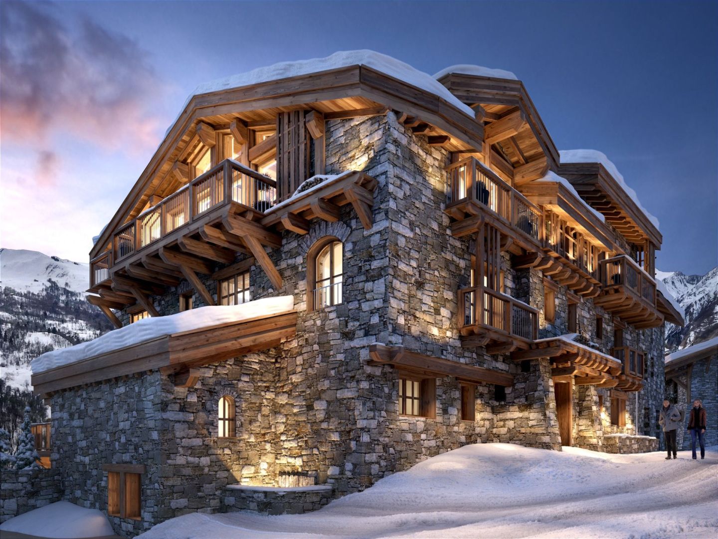 Les Jardins de Julliet, New Luxury Apartments for Sale in Val d'Isère: photo of building at night covered in snow