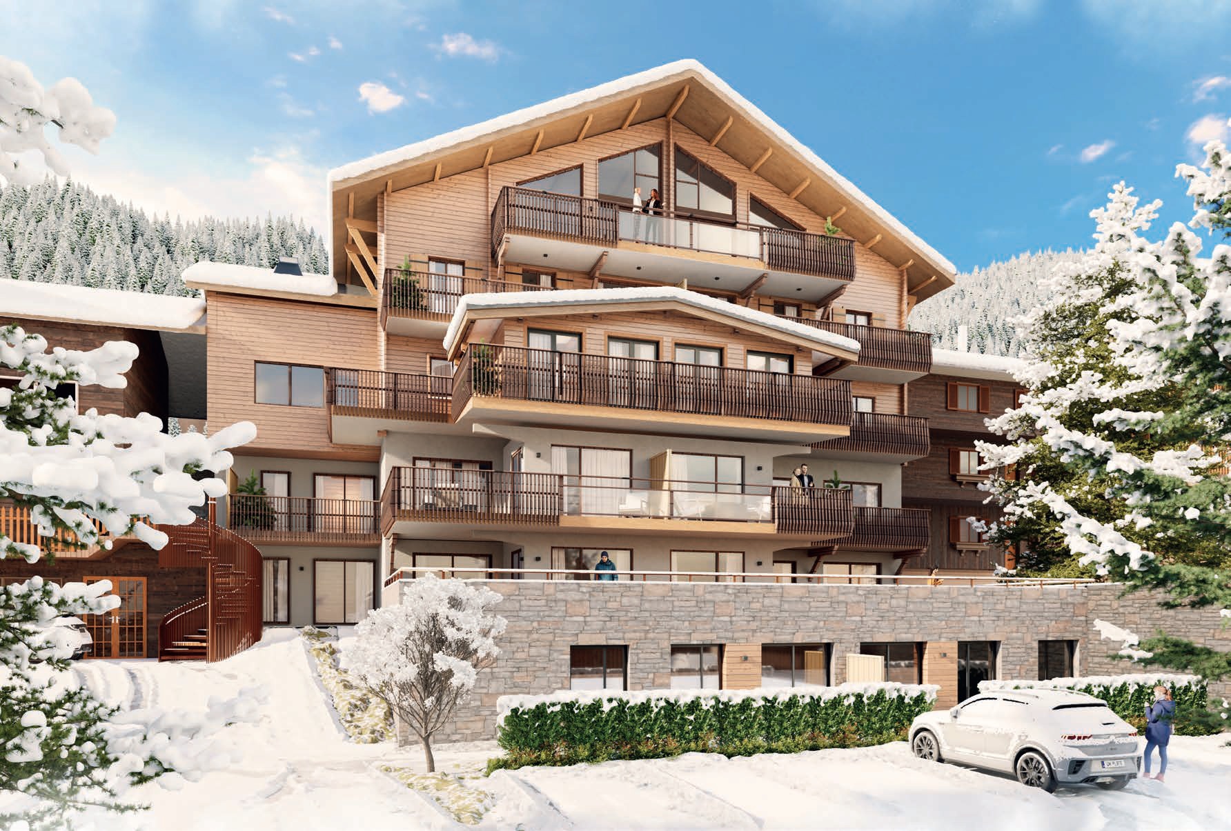 L’Étoile d’Argent | New Apartments for Sale in Châtel: photo of back of building in snow