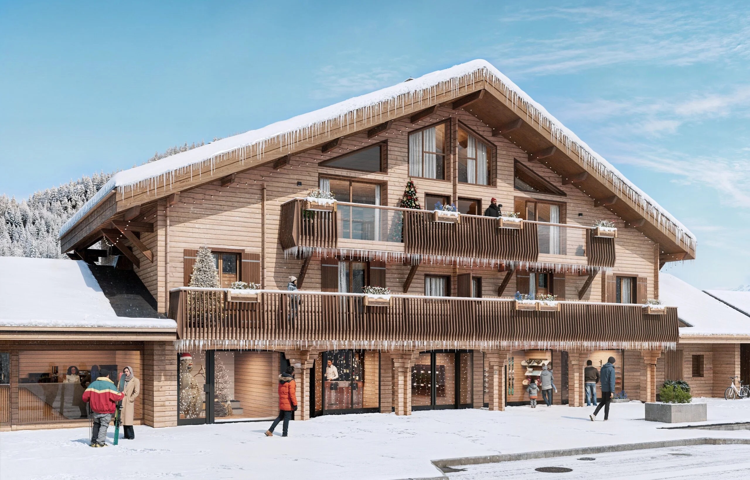 L’Étoile d’Argent | New Apartments for Sale in Châtel: photo of front of building in snow