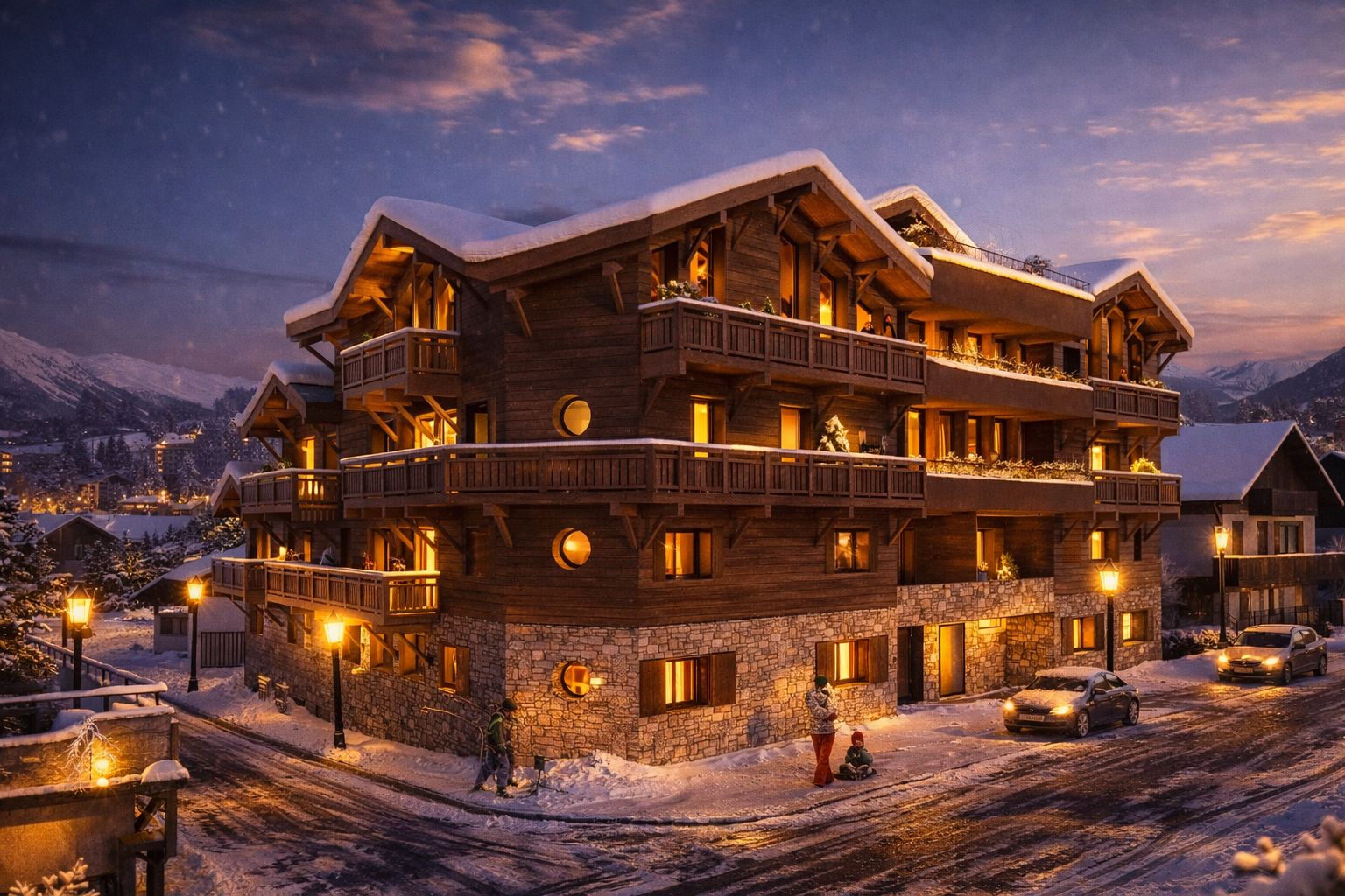 L'Héritage. New Apartments For Sale in Morzine: photo of building in the snow. at night