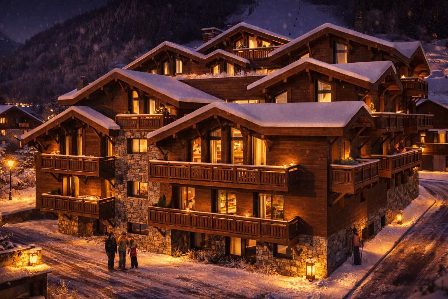 L'Héritage. New Apartments For Sale in Morzine: alt photo of building in the snow night