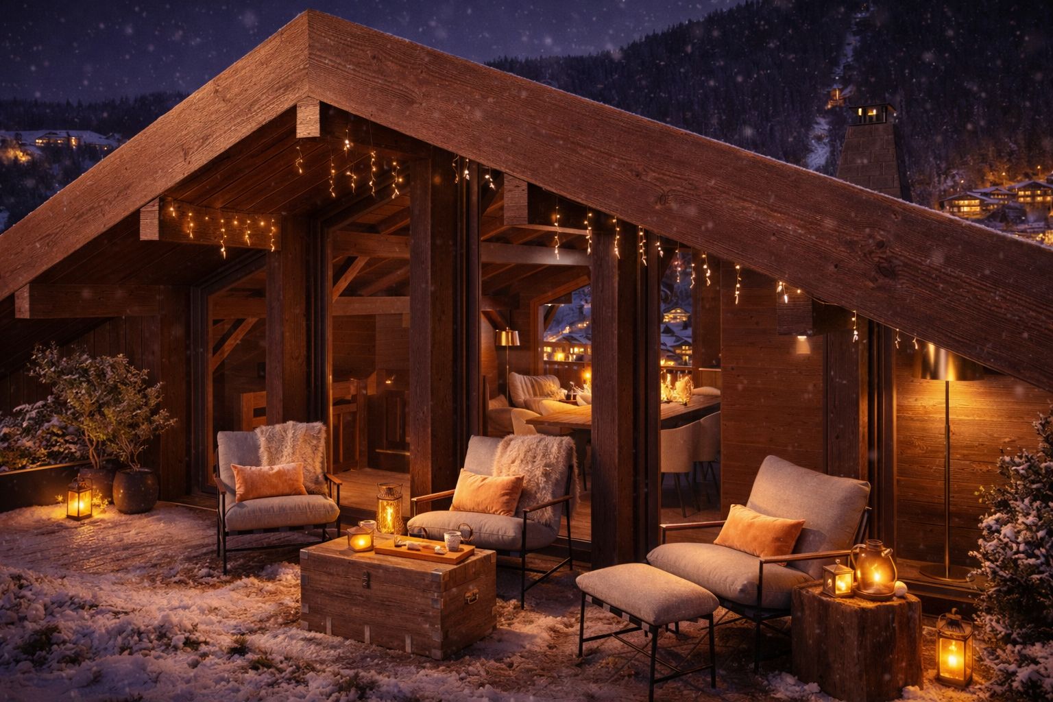 L'Héritage. New Apartments For Sale in Morzine: photo of roof terrace night