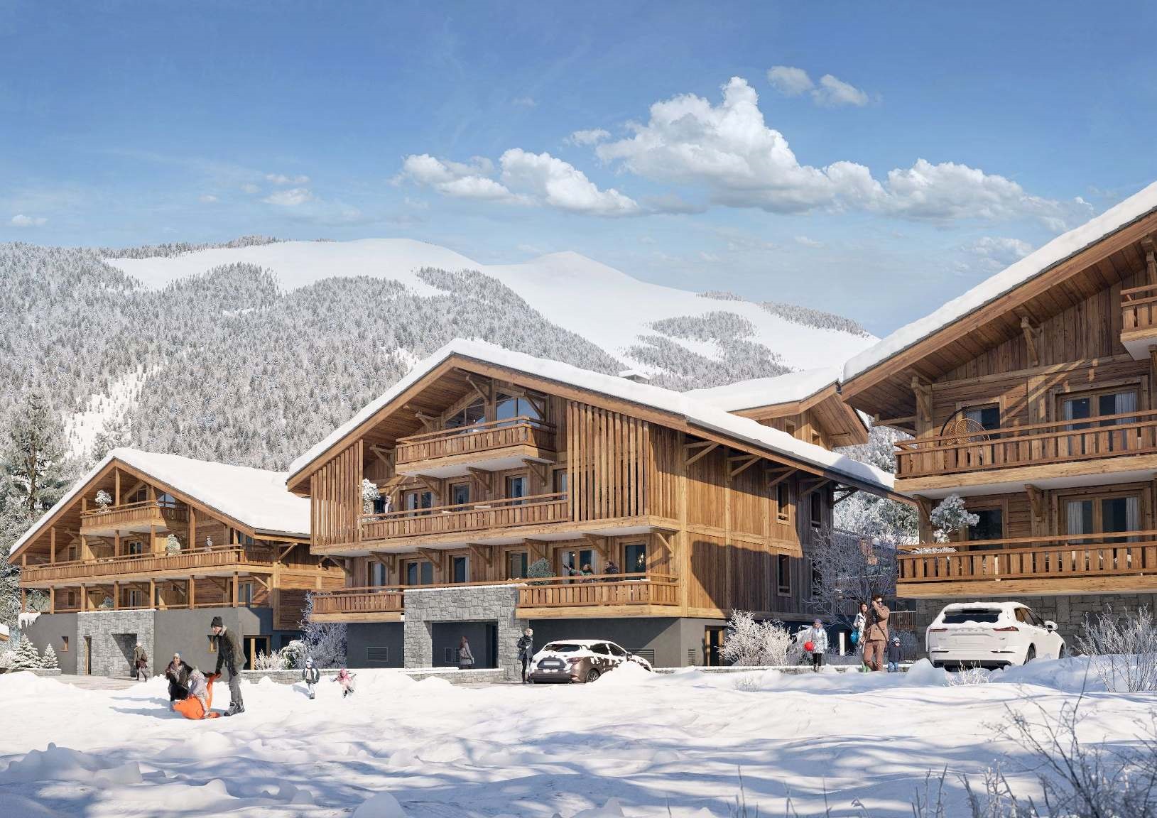 Le Kairn, New Apartments For Sale in Montriond: photo of building with snow