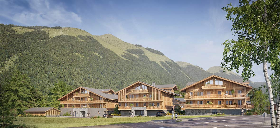 Le Kairn, New Apartments For Sale in Montriond: photo of buildings in summer