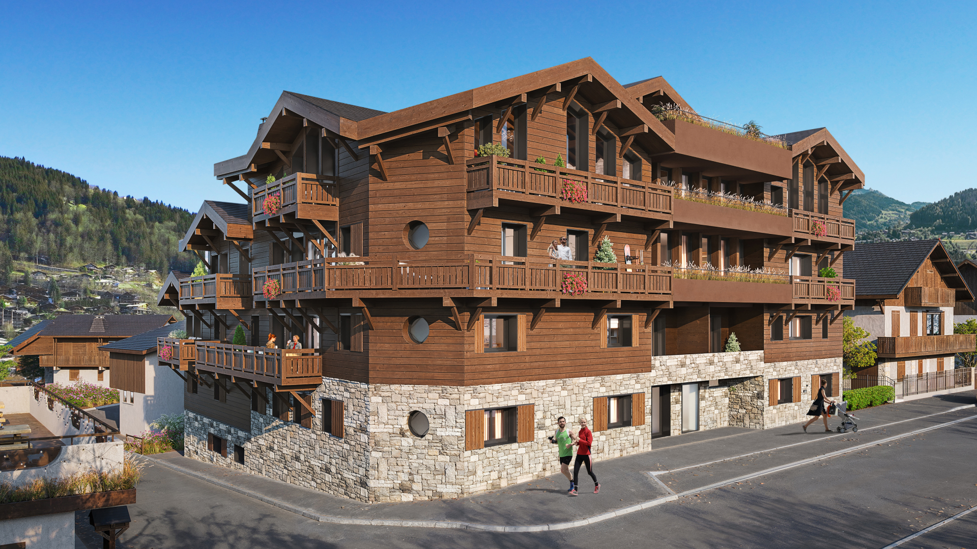 L'Héritage. New Apartments For Sale in Morzine: alt photo of building in the summer.