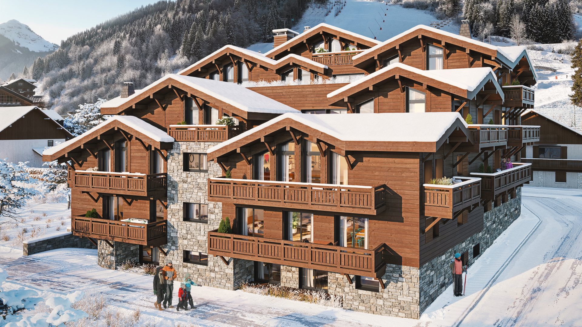 L'Héritage. New Apartments For Sale in Morzine: alt photo of building in the snow.