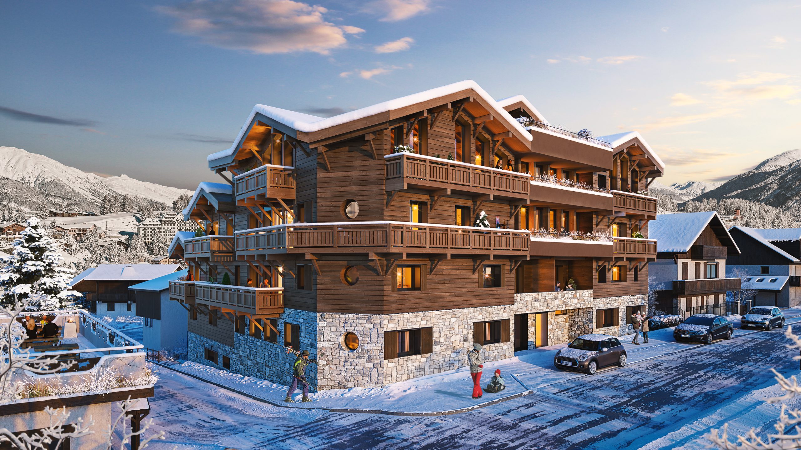 L'Héritage. New Apartments For Sale in Morzine: photo of building in the snow.