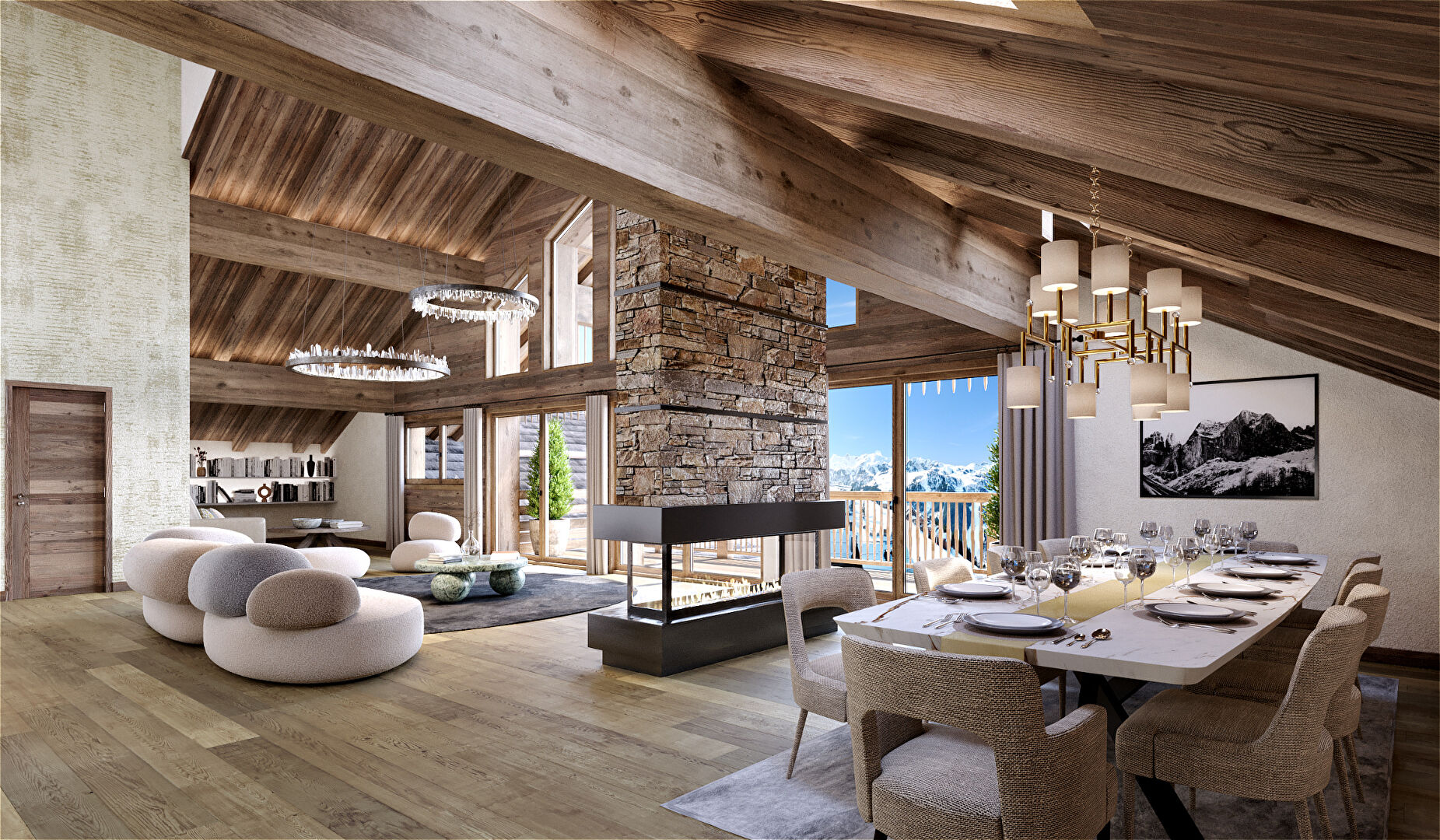 Le Kandahar, New Luxury Apartments For Sale in Val d'Isère - penthouse living room example