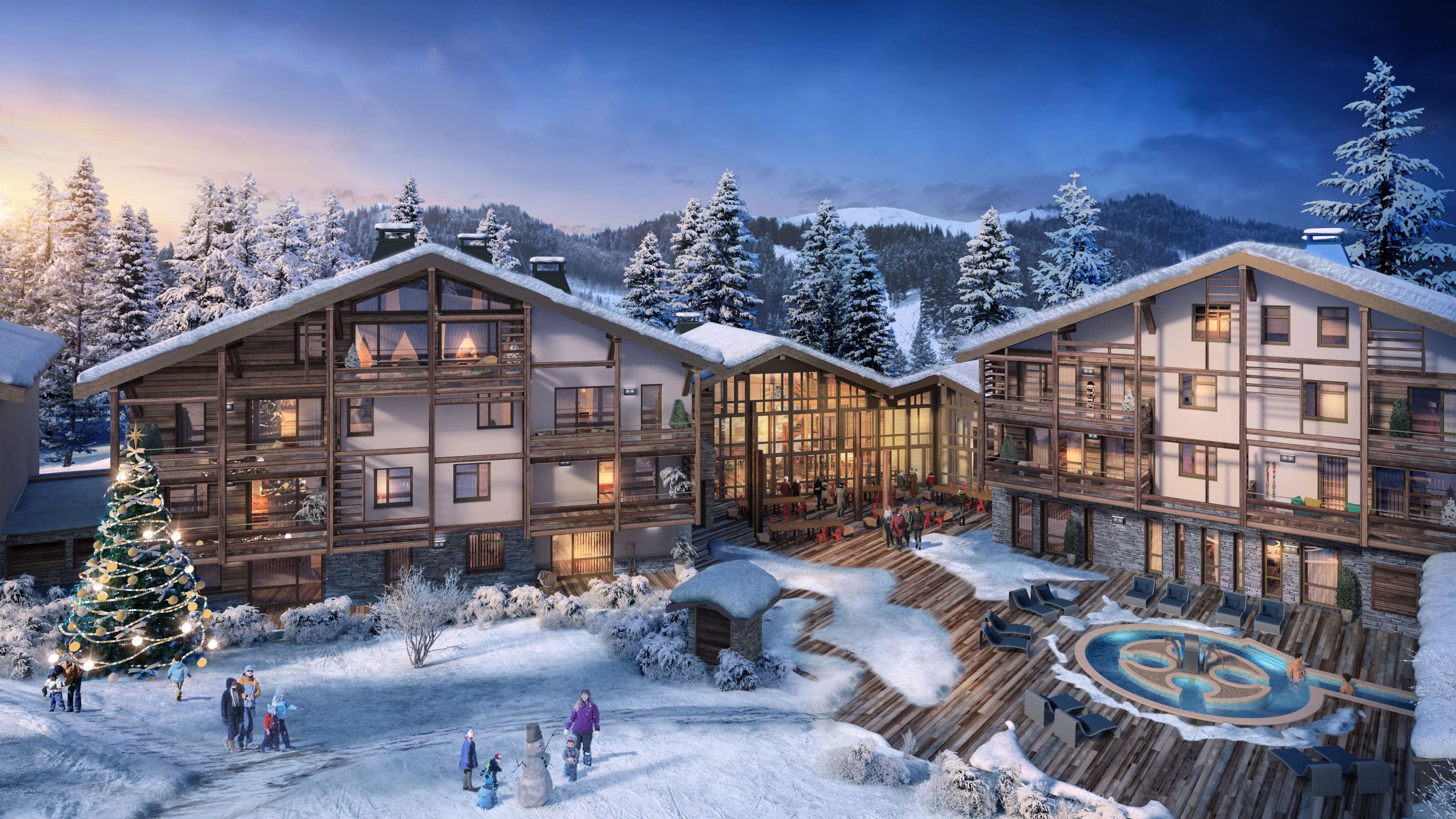 L'Atima exterior buildings night - new apartments & chalets for sale Megève