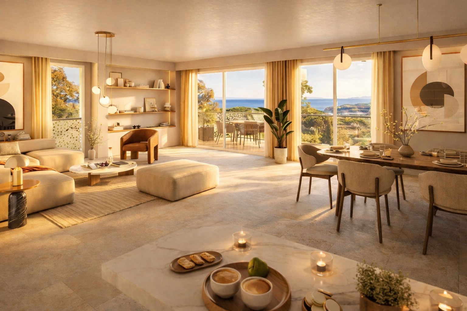 Pure Bay - New Apartments for sale in Le Lavandou - living room example golden hour