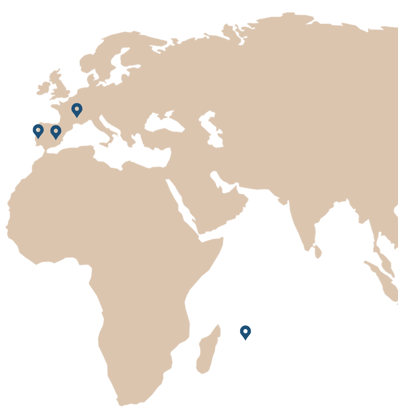 World map focusing on pinpoints for France, Spain, Portugal & Mauritius as areas Worldwide Property help people buy property in.