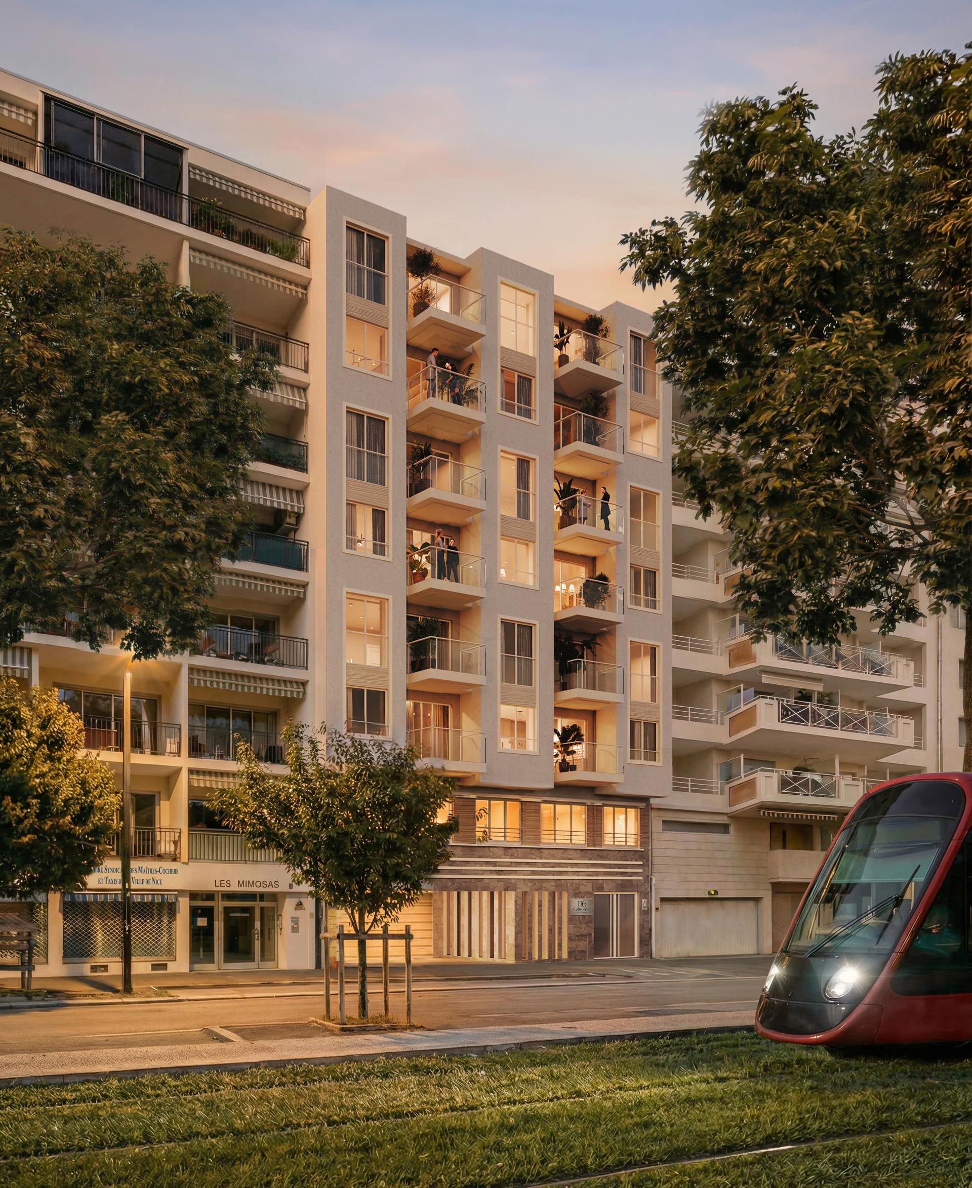 116 Californie building exterior at sunset- New Apartments for sale Nice.jpg