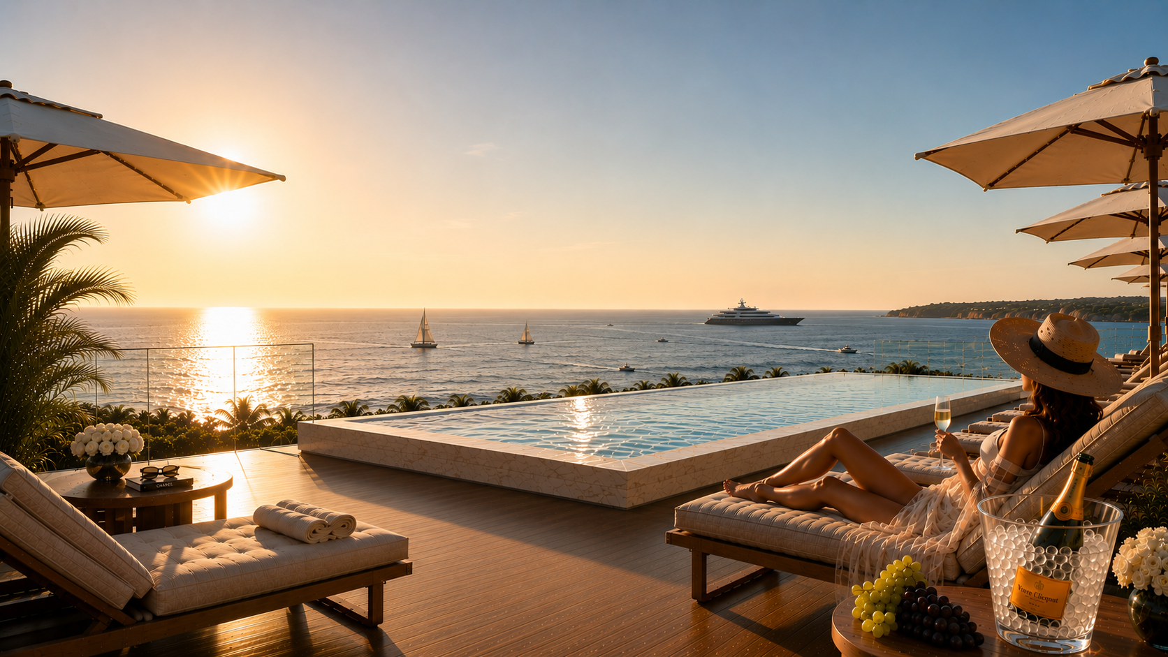 Rooftop infinity pool at dusk - Carat, New Apartments For Sale in Villeneuve-Loubet