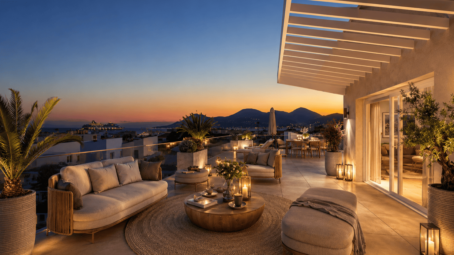 Penthouse terrace example after sunset - 29 Isola Bella - New Apartments for Sale in Cannes